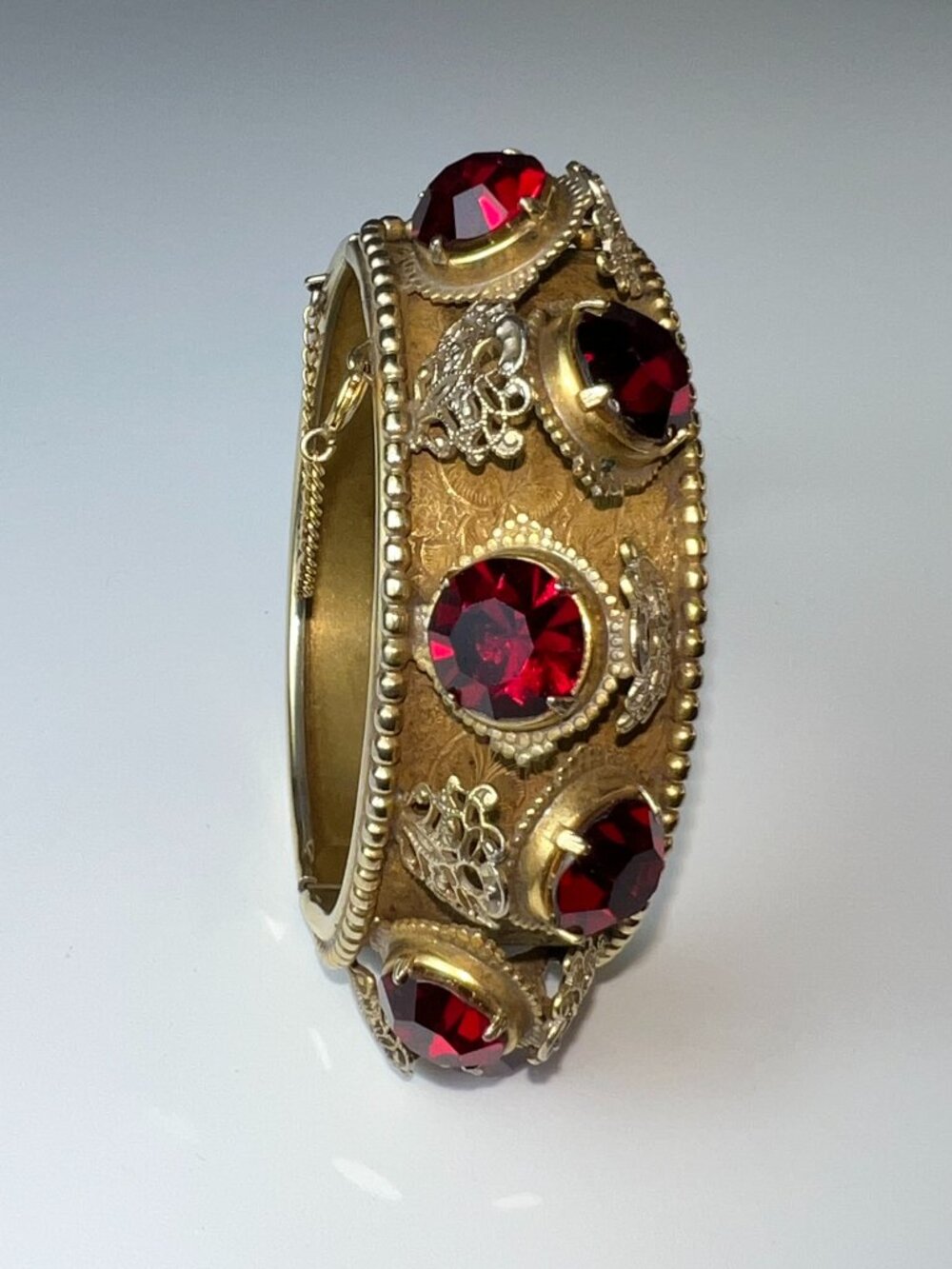 Vintage SANDOR Victorian Revival Hinged Cuff Bracelet Red Glass Filigree